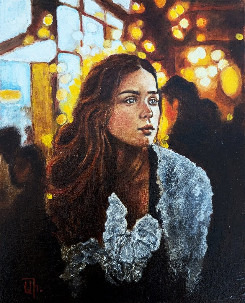 "In het café" Origineel ingelijst schilderij, Verzenden, Olieverf, Gesigneerd, Portret