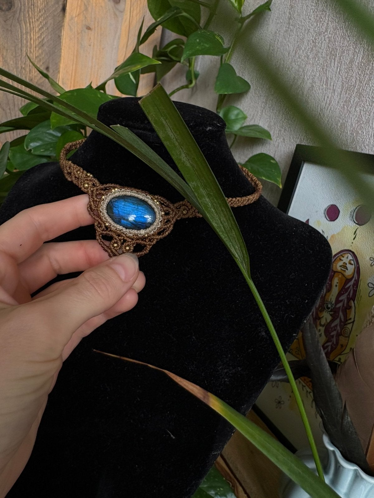 Labradoriet ketting (macrame), Sieraden, Tassen en Uiterlijk, Kettingen, Bruin, Verzenden, Nieuw, Verstelbaar