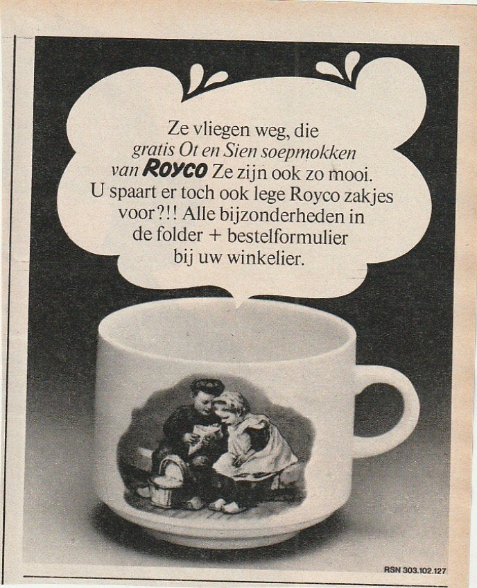 retro reclame 1976 Royco soep actie Ot Sien mokken, Verzenden, Overige typen