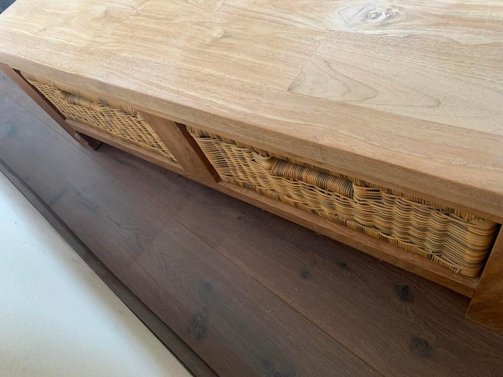 Salontafel, 2 rieten manden - Eikenhout 1m B, 50cm D, 45 H, Ophalen, 100 tot 150 cm, Eikenhout, 50 tot 100 cm