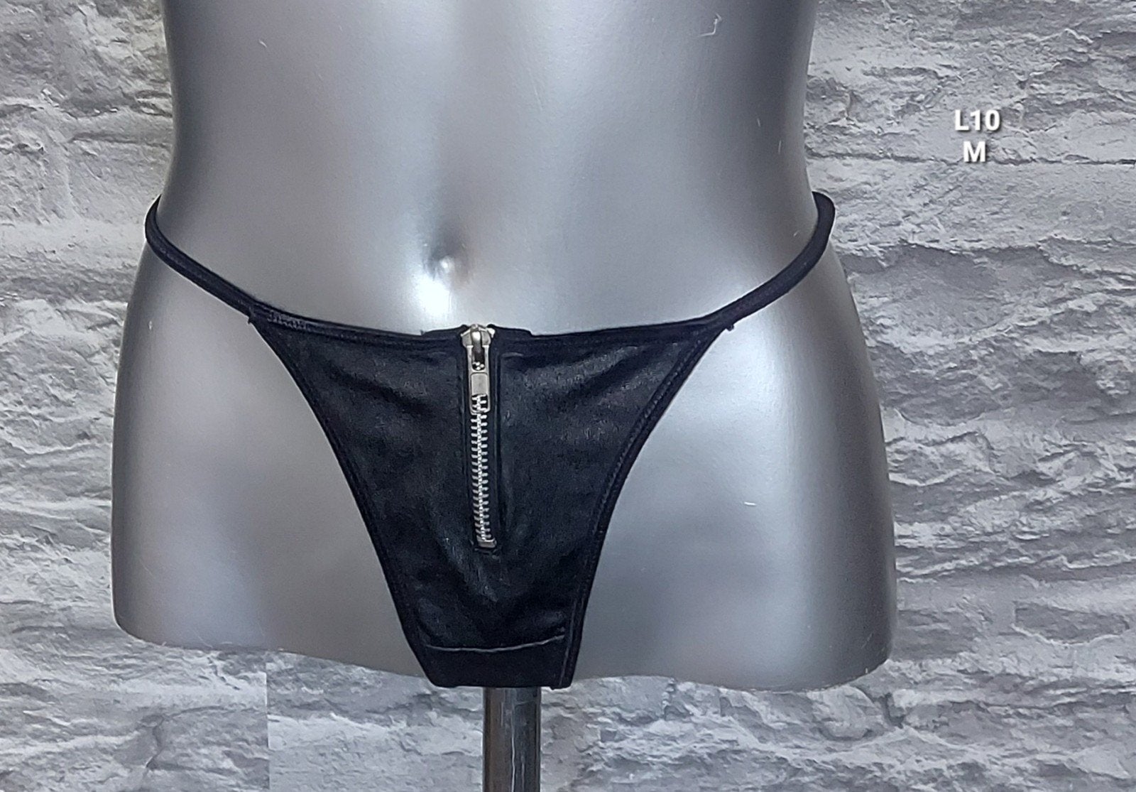 Kinky Zwarte leren String met Rits - Maat M, Onbekend, Ophalen of Verzenden, Zwart, String