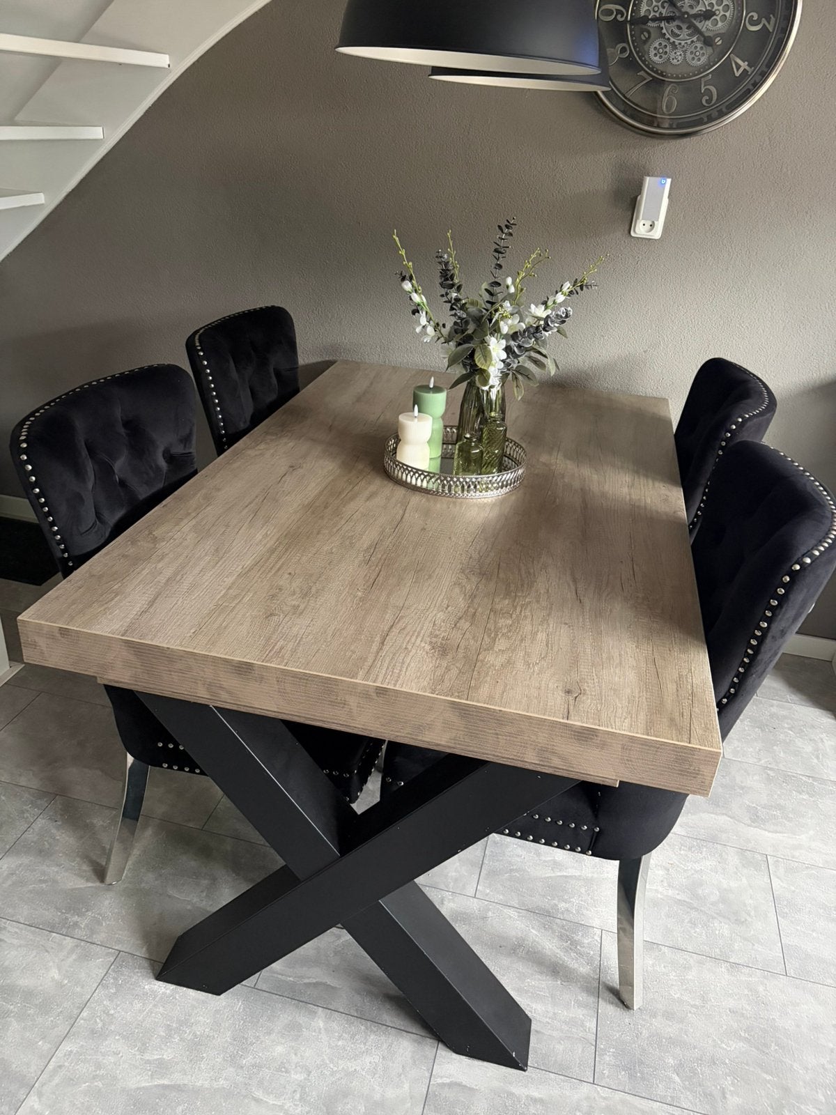 4 persoons eettafel met zwarte suede stoelen, Ophalen, Gebruikt, 50 tot 100 cm, Landelijk