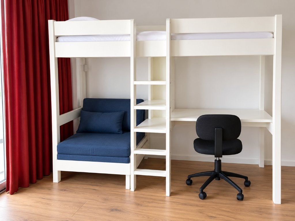 Hoogslaper 90x200 met bureau, chillplek & logeerbed, Ophalen, Eenpersoons, Zo goed als nieuw, 200 cm