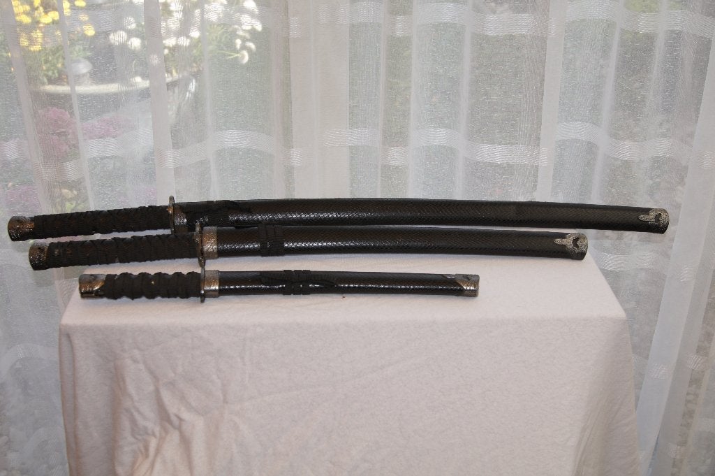 Set van 3 Japanse zwaarden (Katana, Wakizashi, Tanto), Ophalen, Wapen, Zwart, Japan