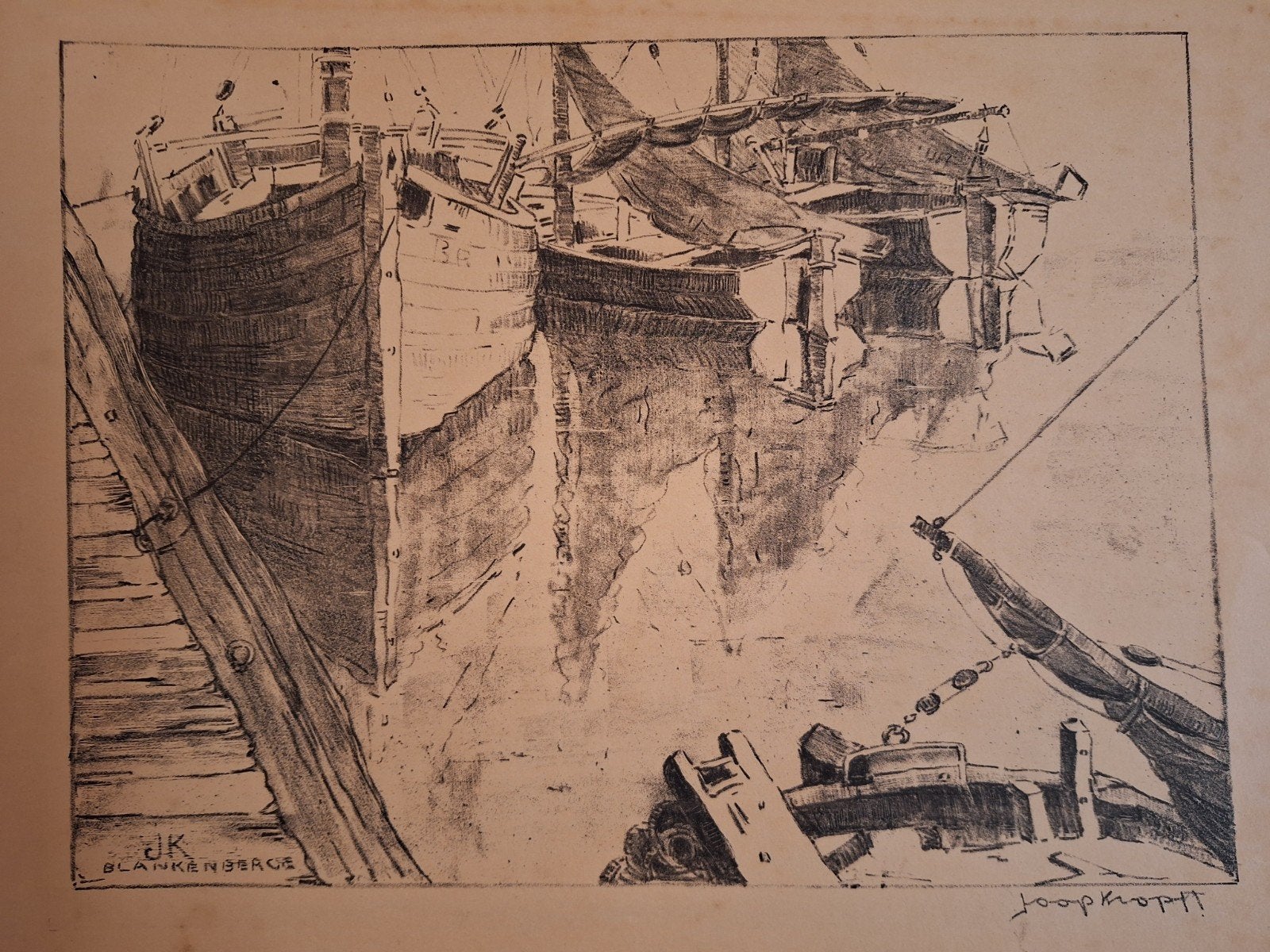 Lithografie haven van Joop Kropff, Stadsgezicht, Ophalen of Verzenden, Origineel, Lithografie