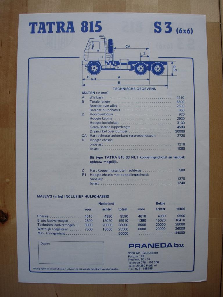 Tatra 815 S3 6x6 Technische Specificatie Brochure 1987, Tatra, Ophalen of Verzenden, Zo goed als nieuw, Overige merken