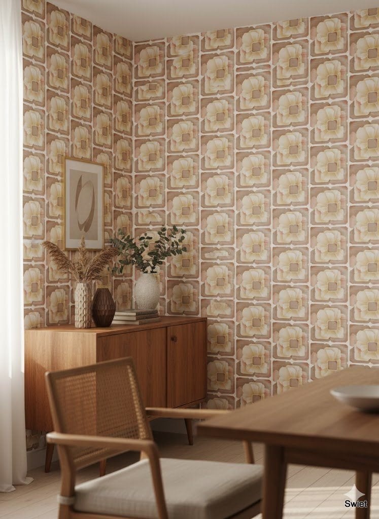 5577 Vintage bloem behang retro bruin beige 70s stijl swiet, Huis en Inrichting, Ophalen of Verzenden, Bruin