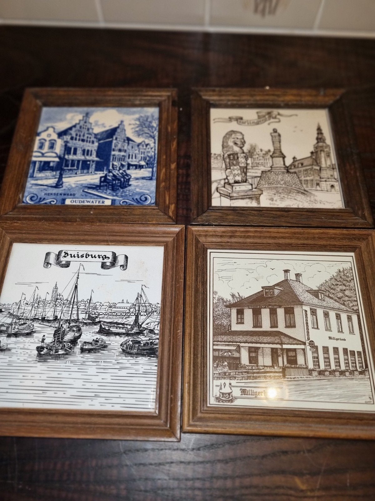 Vintage Delfts Blauw en Sepia Tegeltjes met Houten Lijst, Ophalen of Verzenden