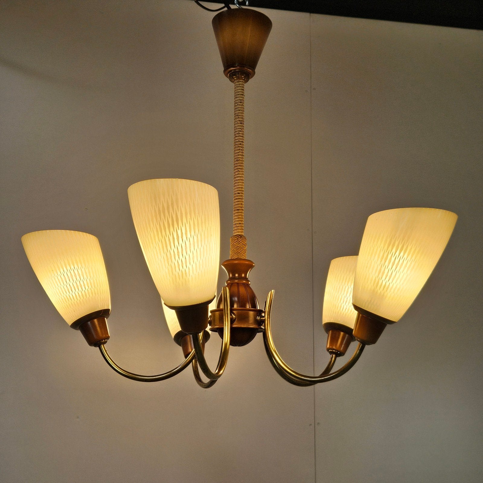 Vintage hanglamp messing glas, Ophalen, Gebruikt, 50 tot 75 cm, Boho