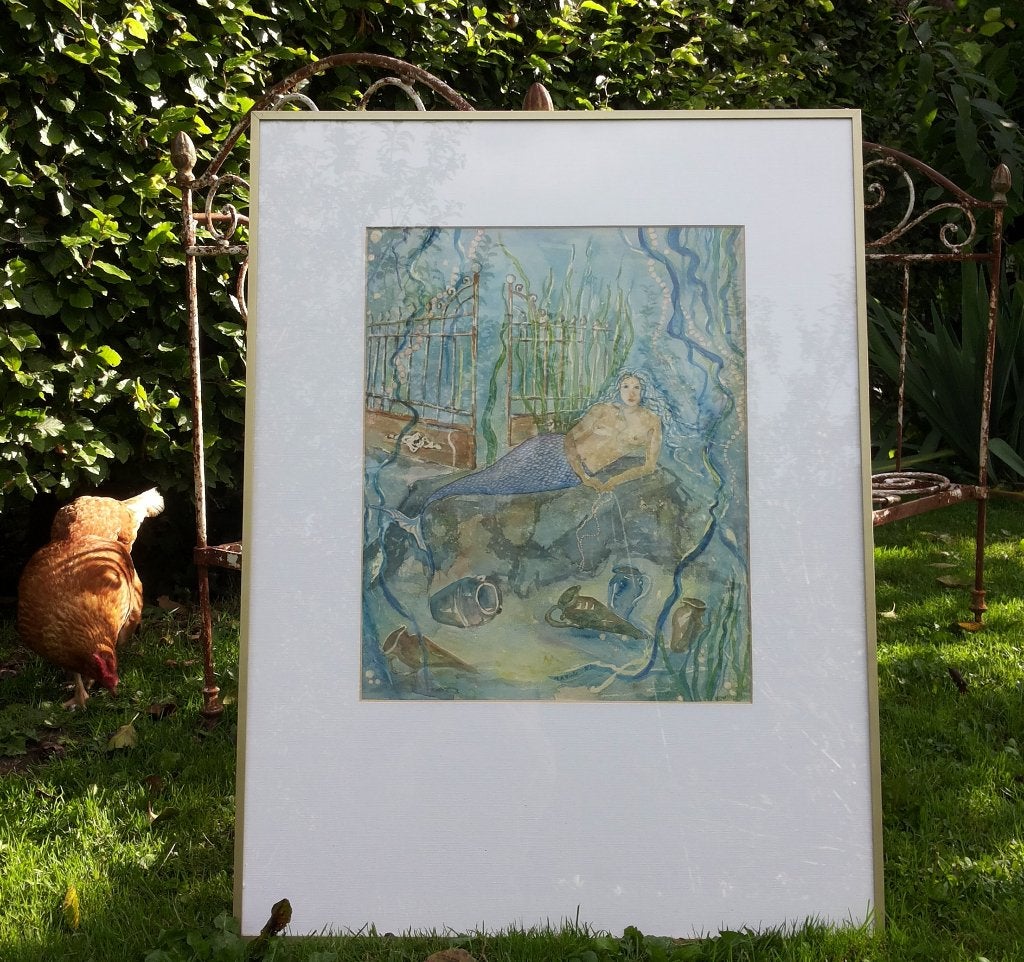 Aquarel Zeemeermin Amforen Parelsnoeren Poort Parels Zee, Ophalen of Verzenden