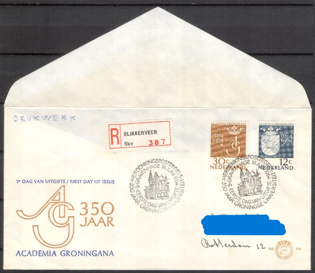 E64 - 350 jaar Academia Groningana 1964, Postzegels en Munten, Verzenden, Beschreven, Nederland