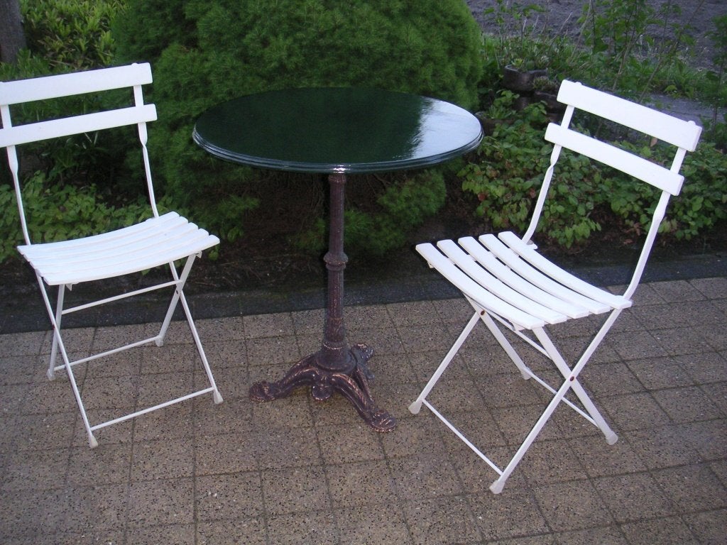 gietijzeren bistro tafeltje met 2 stoeltjes., Ophalen, Gebruikt, Rond, Metaal