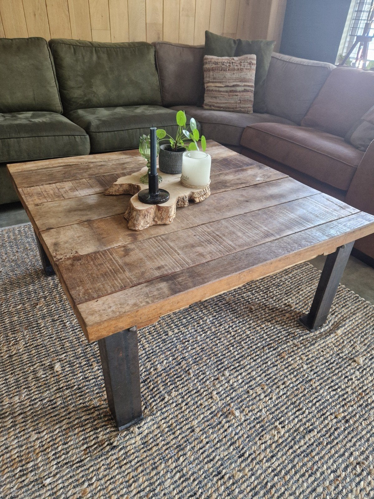 Robuuste handgemaakte salontafel van Damwand hout, Huis en Inrichting, Ophalen, Rechthoekig, 100 tot 150 cm, 50 tot 100 cm