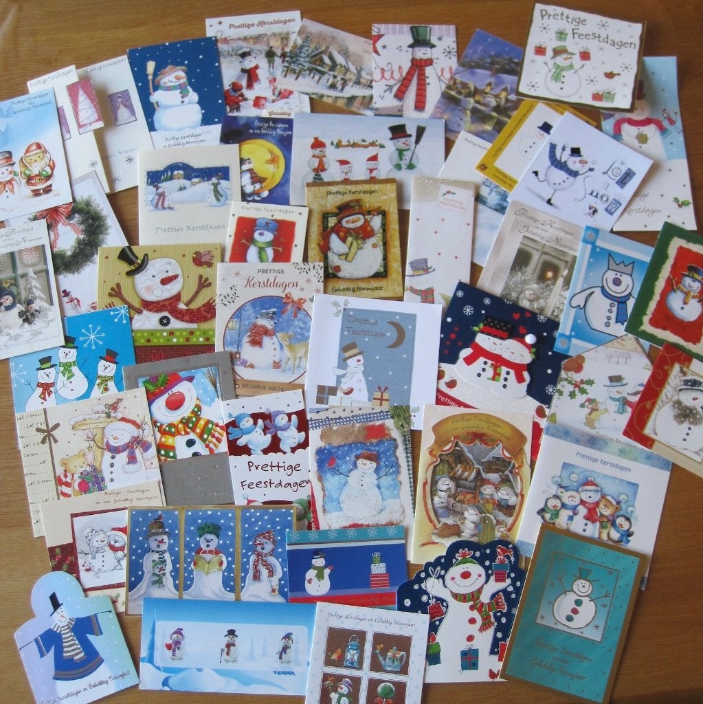 partijtje van 34 kaarten met sneeuwpoppen, Ophalen of Verzenden, Gebruikt, Kerst, Blanco kaart of Basiskaart