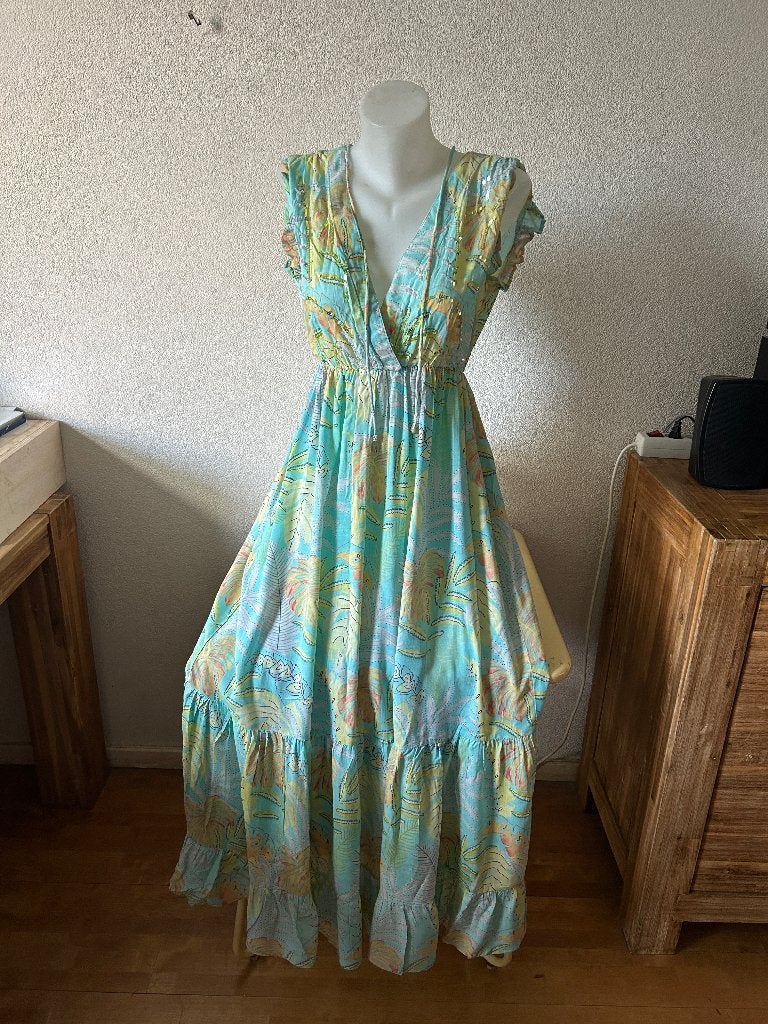 Sumitra Aqua Multi Tropische Maxi Jurk Pailletten - One Size, Kleding | Dames, Maat 38/40 (M), Blauw, Nieuw, Ophalen of Verzenden