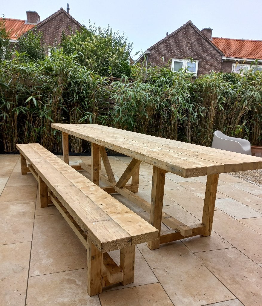 Zeer grote picknicktafel tuintafel balken sloophout op maat., Ophalen, Nieuw, Rechthoekig, Hout