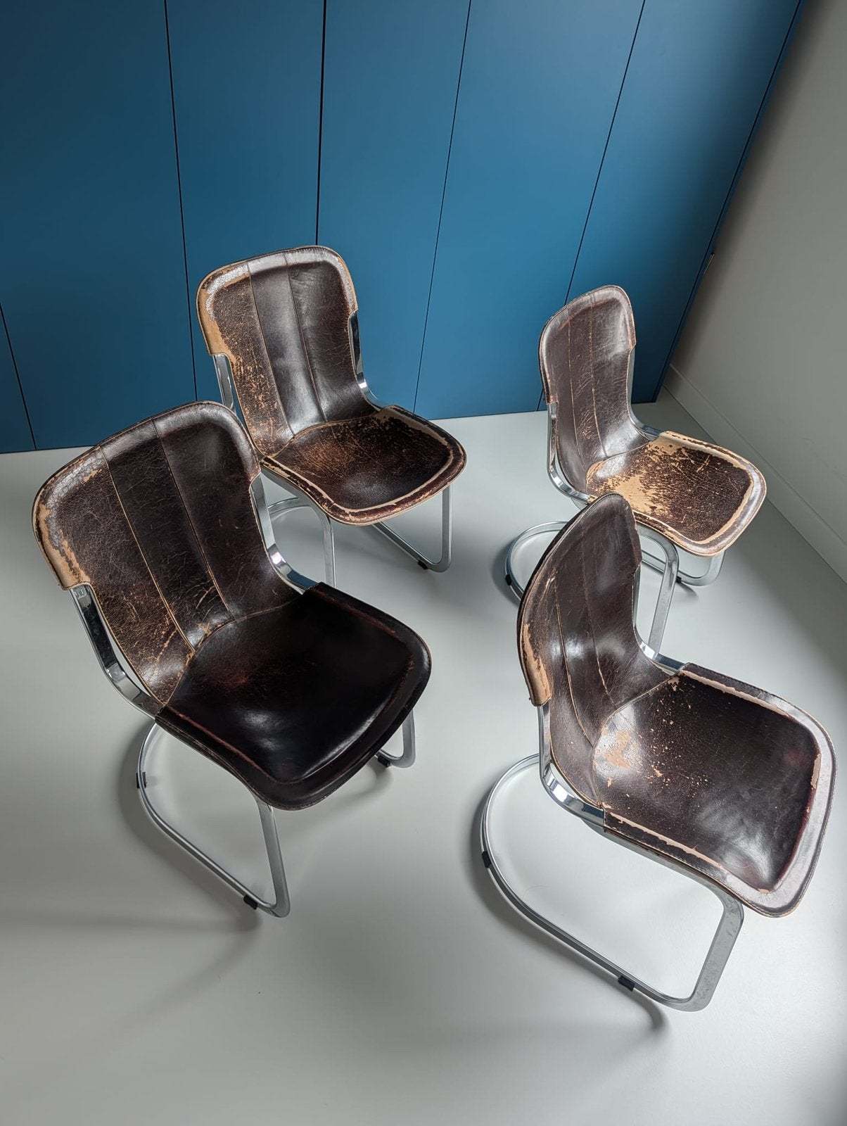 Set van 4 Cidue stoelen–toegeschreven aan Willy Rizzo– ‘70, Huis en Inrichting, Ophalen, Bruin, Leer, Zo goed als nieuw