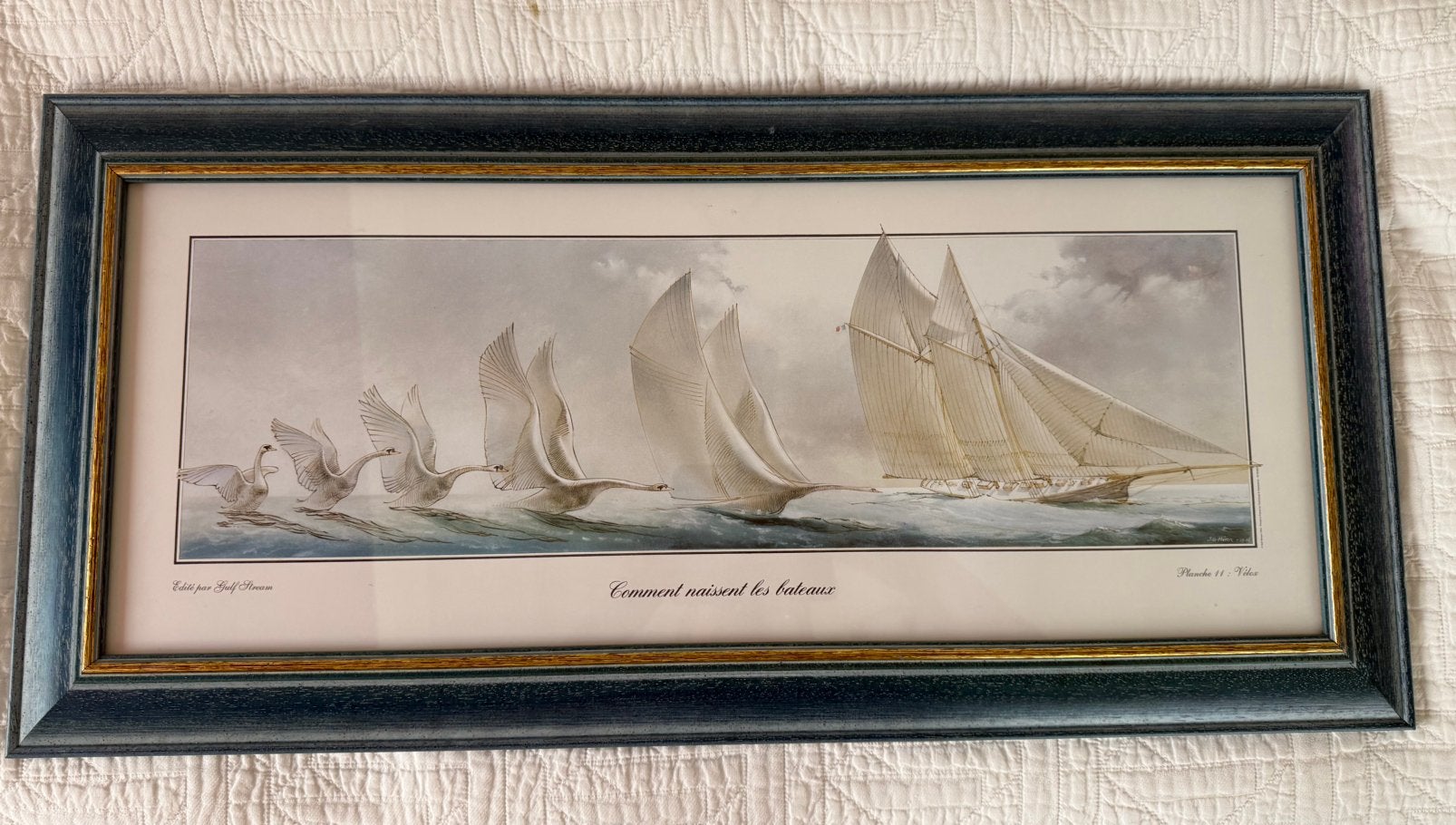 Zwanen naar zeiljacht met blauwe lijst, Ophalen, Schilderij
