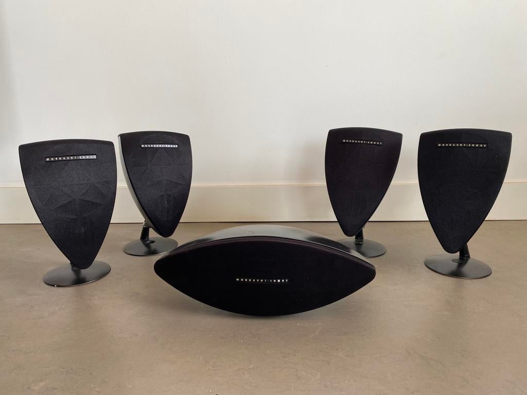 Mordaunt Short speakerset (4 speakers + versterker) – zwart, Overige merken, Ophalen of Verzenden, Zo goed als nieuw, 120 watt of meer