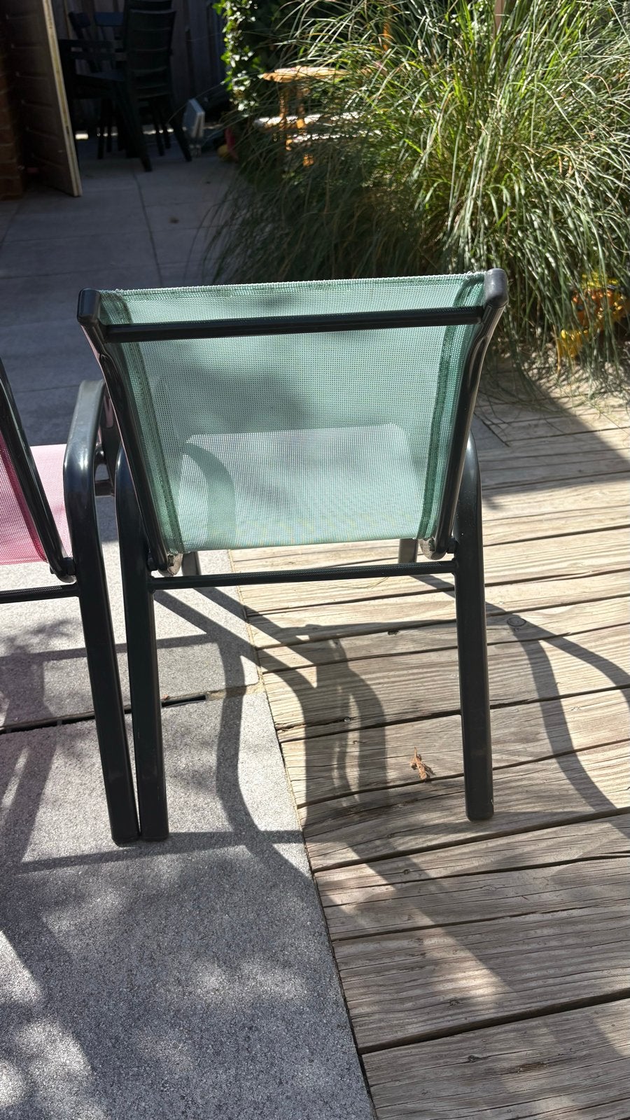 Twee kinder tuinstoelen, metaal en textileen, stapelbaar, Tuin en Terras, Ophalen, Gebruikt, Metaal, Stapelbaar