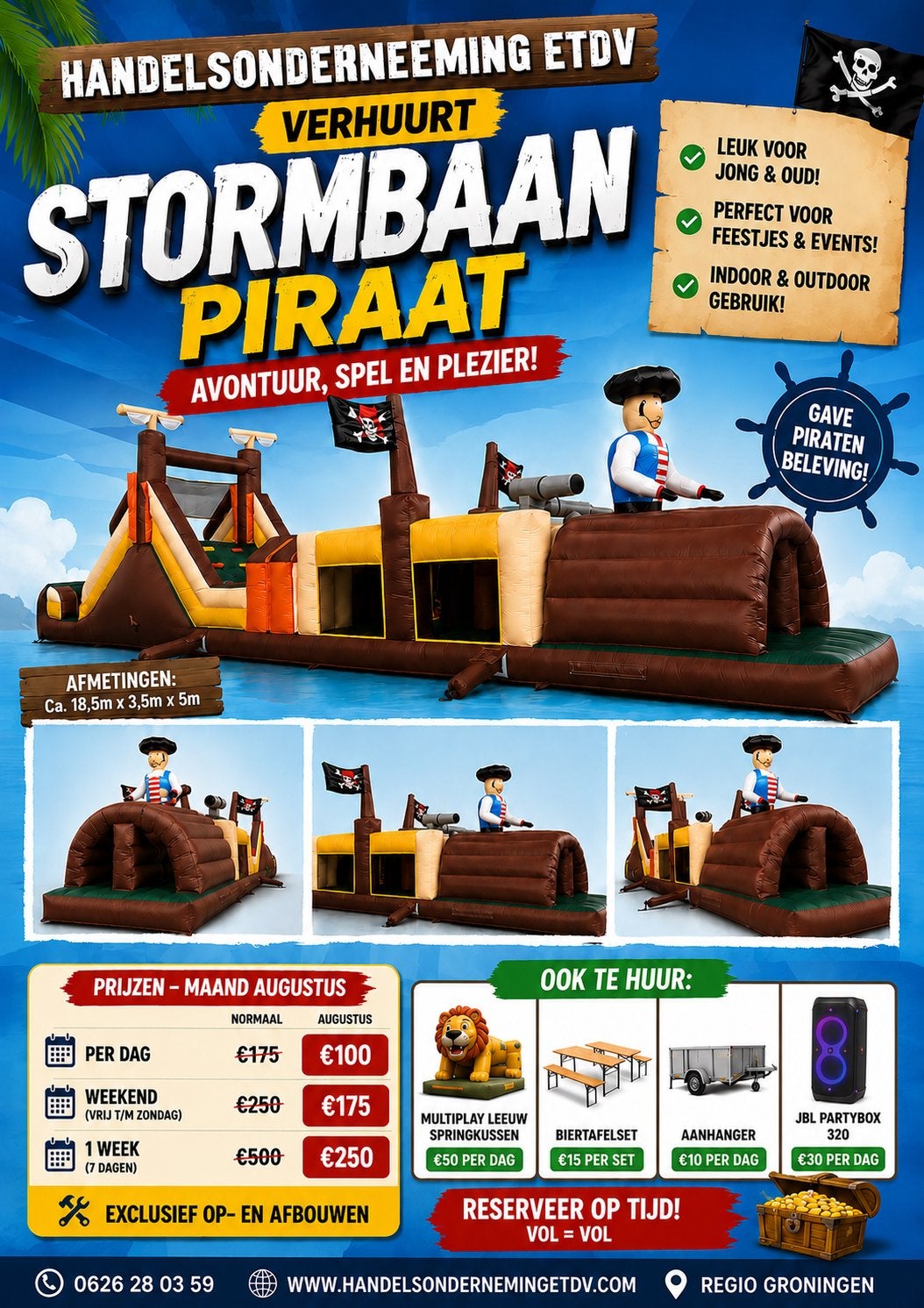 Springkussen stormbaan piraat, Ophalen, -, -, Zo goed als nieuw