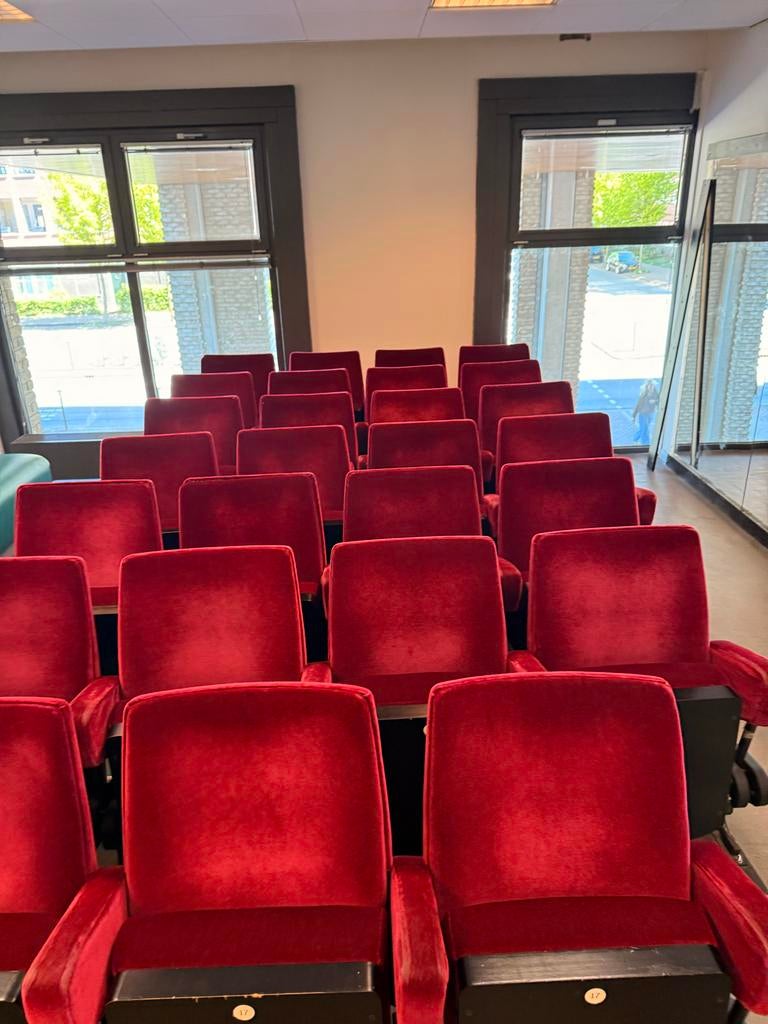 Verrijdbare Theaterstoelen - Rode Pluche, Huis en Inrichting, Stoelen, Gebruikt, Ophalen of Verzenden, Metaal, Vijf, Zes of meer stoelen