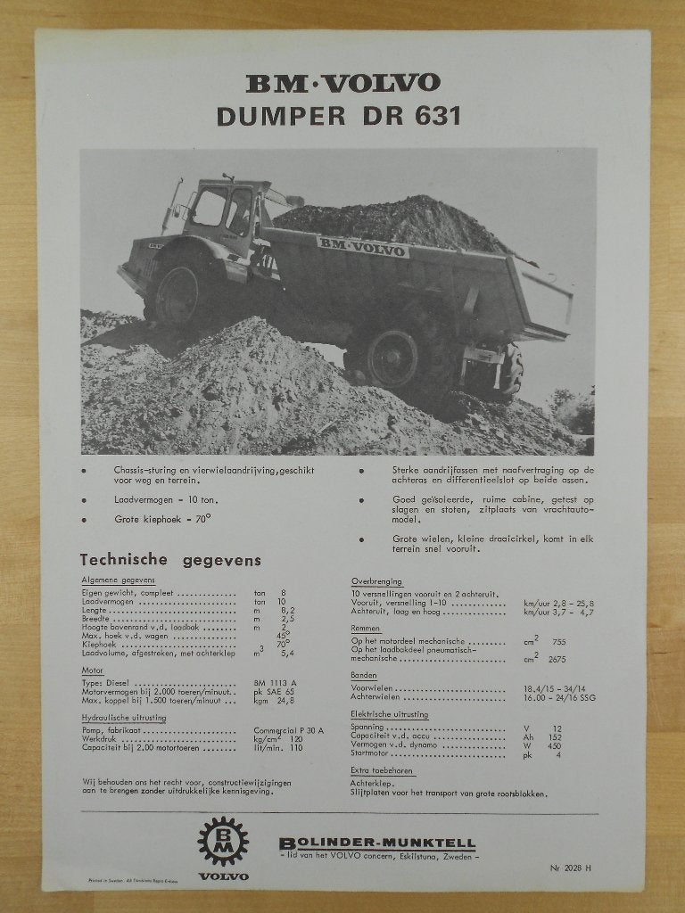 Volvo BM Dumptruck DR631 Specificatie Brochure 1966 Dumper, Boeken, Volvo, Zo goed als nieuw, Volvo, Ophalen of Verzenden