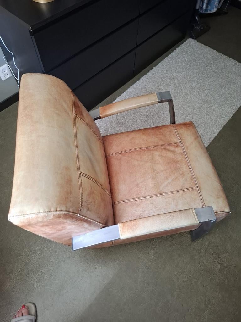 2 Vintage Leren Fauteuils Cognac, Ophalen, Gebruikt, 75 tot 100 cm, Leer