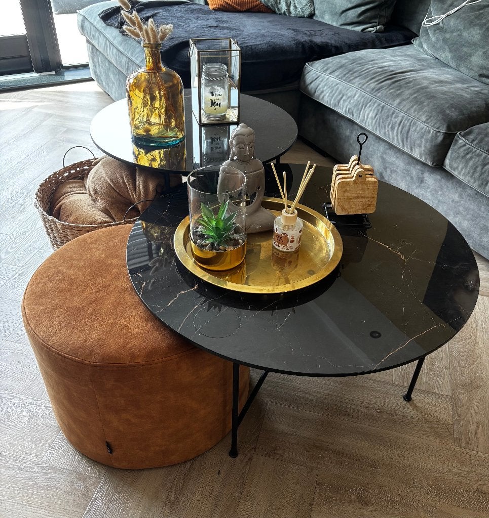 2x WOOOD Vida Bijzettafels - Porselein/Metaal - zwart, Huis en Inrichting, Ophalen, 50 tot 100 cm, Rond, 50 tot 100 cm