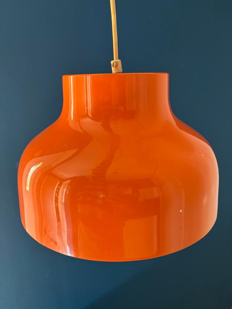 Retro bumling oranje hang lamp uit de jaren zestig., Ophalen of Verzenden, Gebruikt, Hout, Minder dan 50 cm