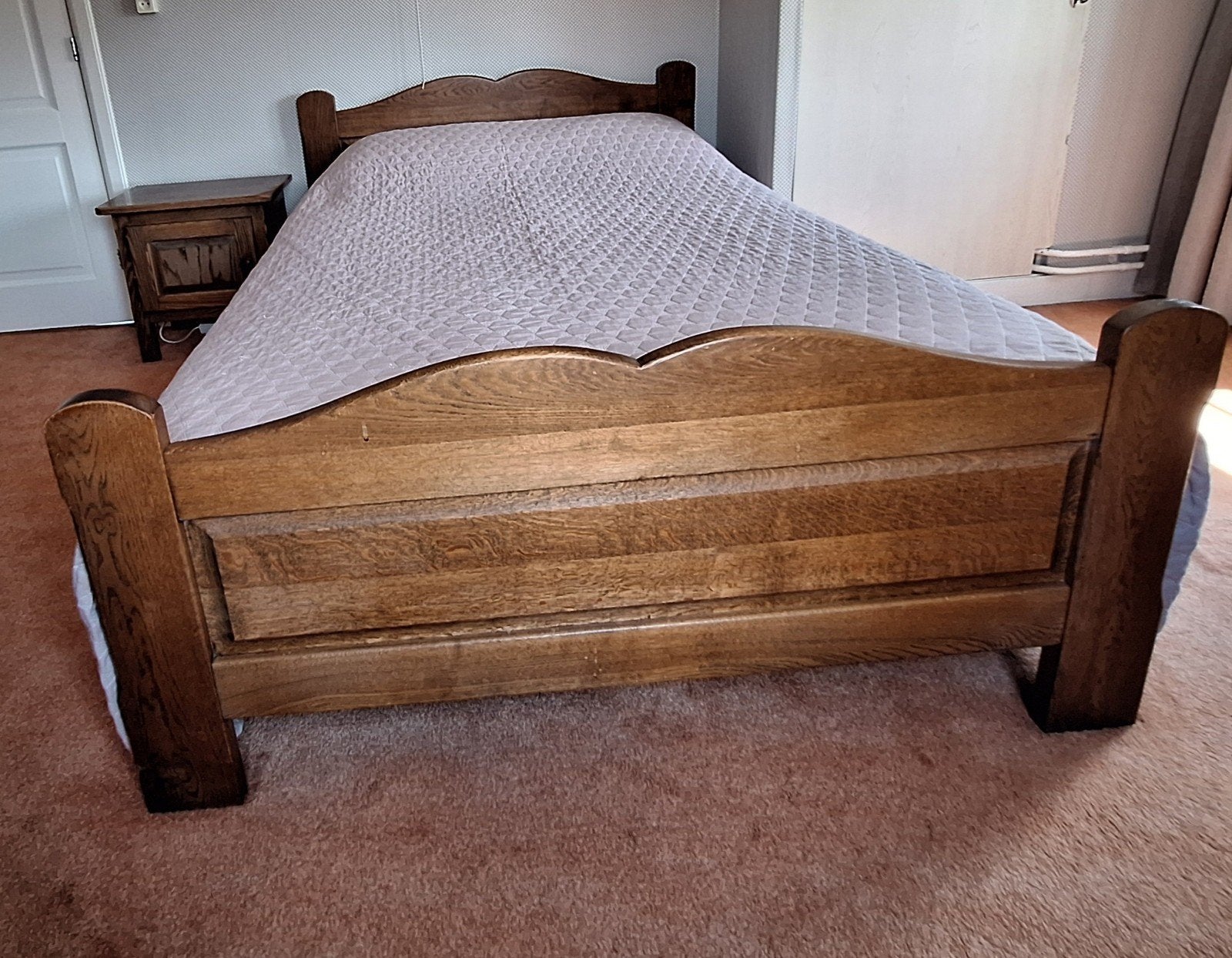 Eikenhouten 2 persoons bed, Ophalen, Gebruikt, Bruin, Tweepersoons