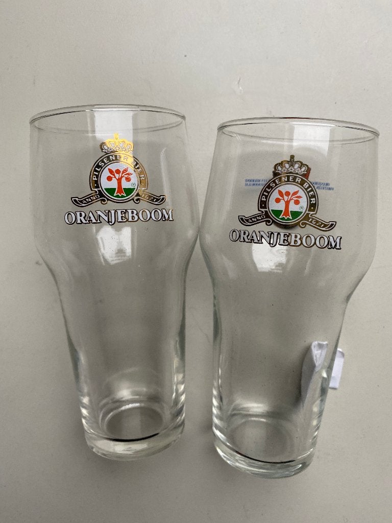2 Oranjeboom bierglazen uit 1989, Ophalen of Verzenden, Zo goed als nieuw, Glas of Glazen, Oranjeboom