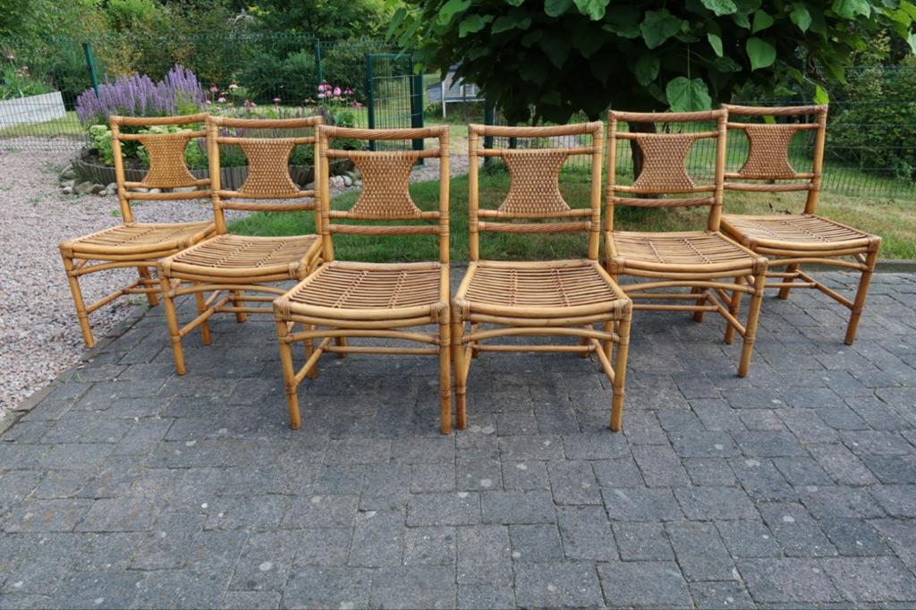 6 vintage bamboe stoelen Hollywood Regency, Huis en Inrichting, Stoelen, Ophalen, Gebruikt, Bruin, Hollywood Regency