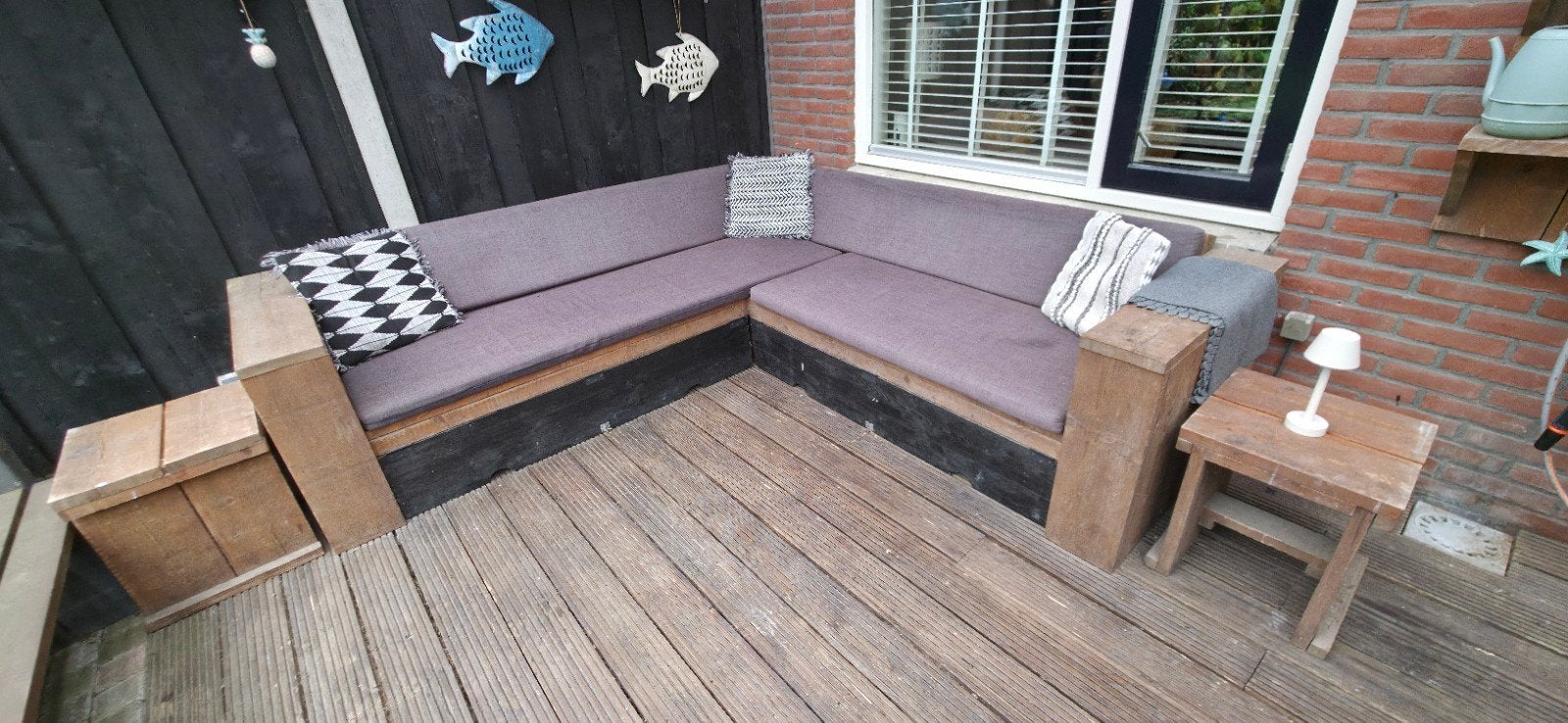 steigerhouten loungeset  hoekbank en wandplank, Ophalen, Gebruikt, Bank, 6 zitplaatsen