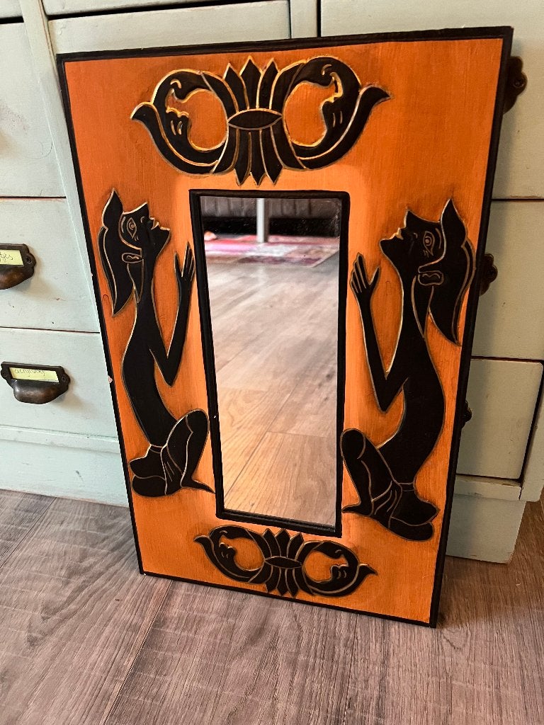 Vintage boho houten Balinese Indonesische spiegel decoratie, Huis en Inrichting, Minder dan 50 cm, Ophalen of Verzenden, Zo goed als nieuw