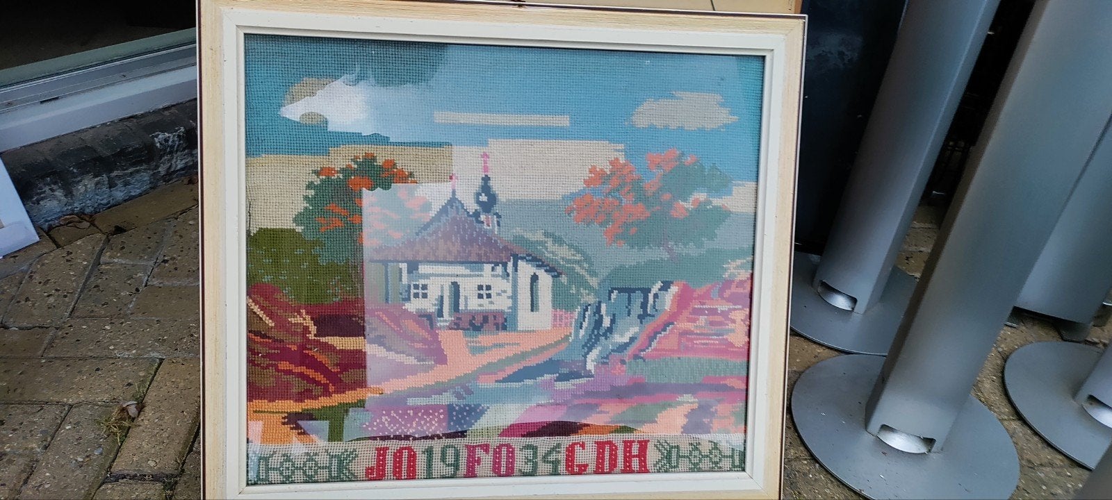 Merklap Schilderij 1934 - Landschap met kerkje, Antiek en Kunst, Ophalen of Verzenden