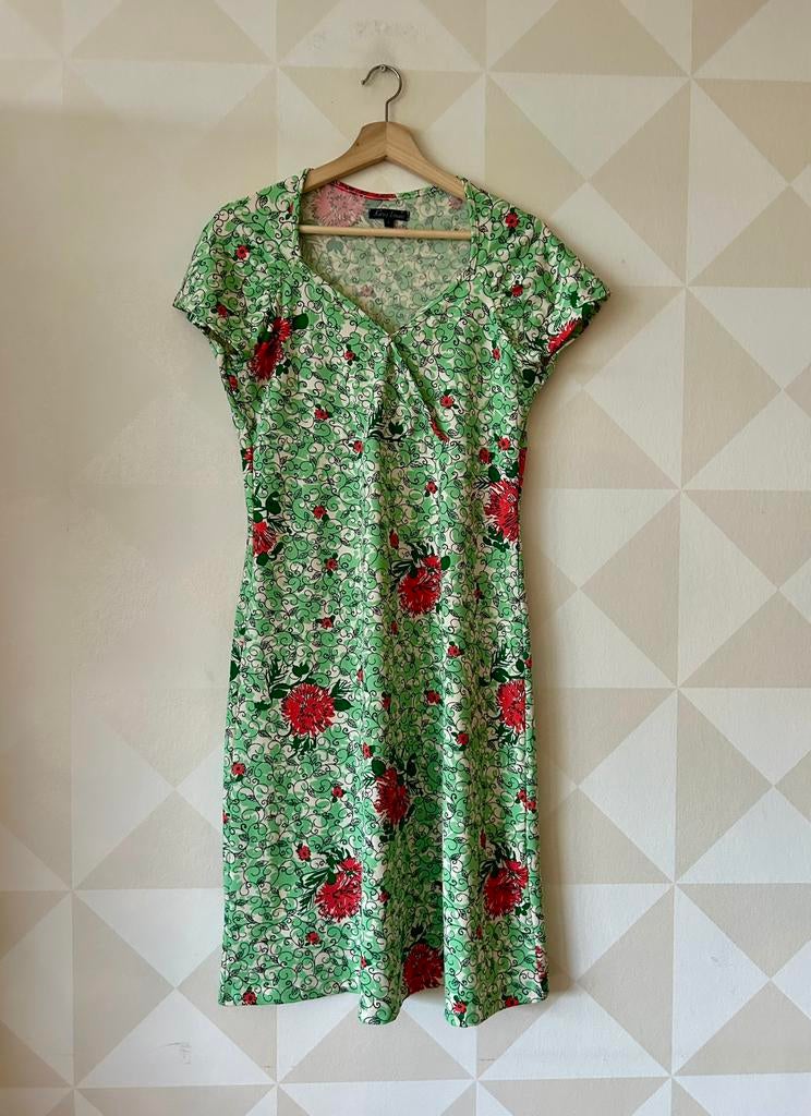 King Louie Gina Dress bloem groen wit L/40 zgan, Kleding | Dames, Maat 42/44 (L), Ophalen of Verzenden, Zo goed als nieuw, Knielengte