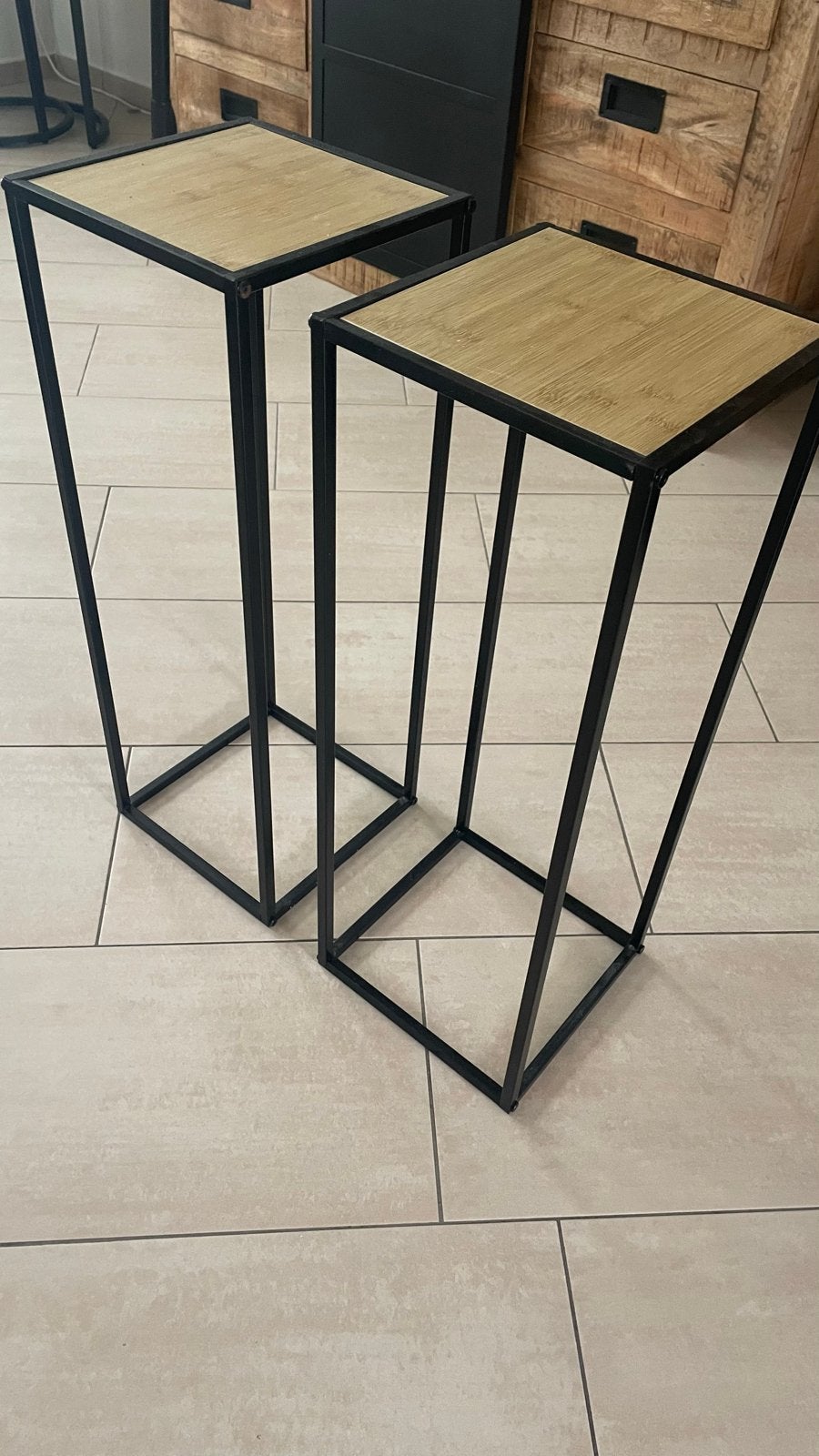 Set van 2 plantenstandaards - Zwart metaal en hout, Ophalen, Zwart, Zo goed als nieuw, Metaal