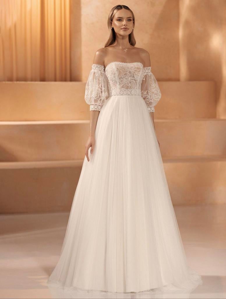 Nieuwe trouwjurk Poppy losse pofmouwen kant tule, Ophalen of Verzenden, Nieuw, Wit, Trouwjurk