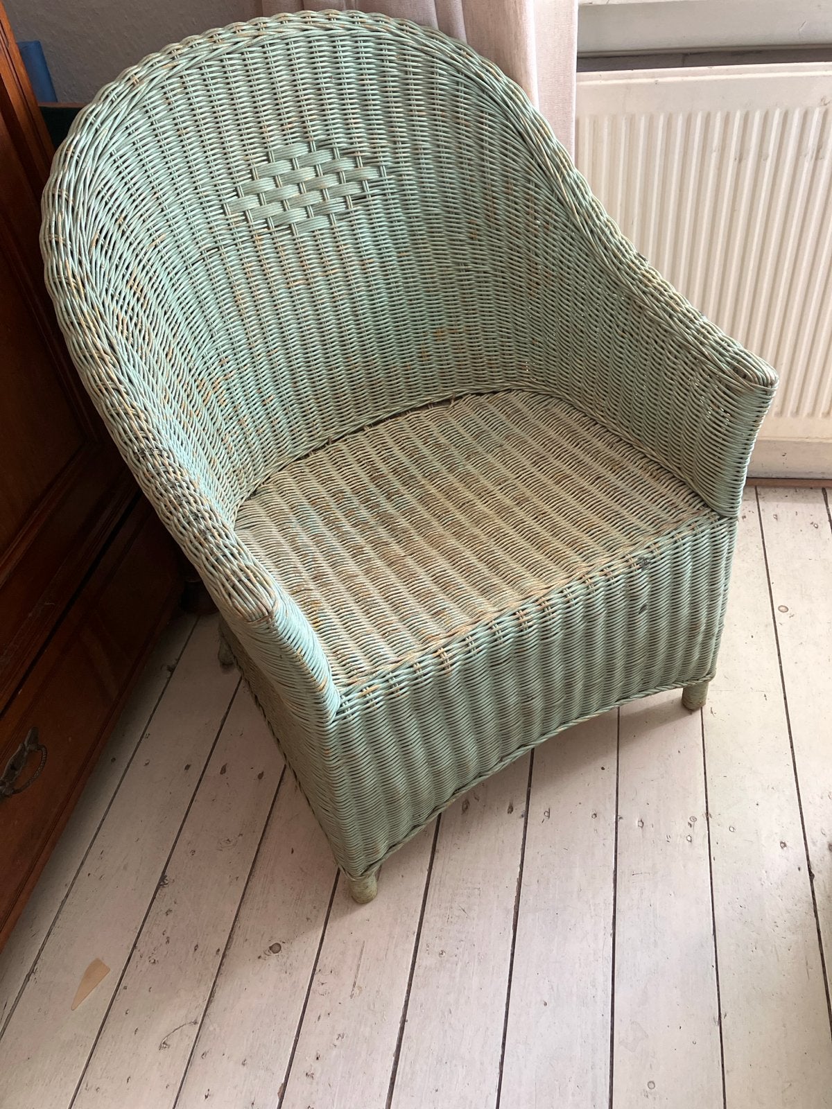 Vintage rieten fauteuil - lichtgroen, Ophalen, Gebruikt, Overige kleuren, Riet of Rotan
