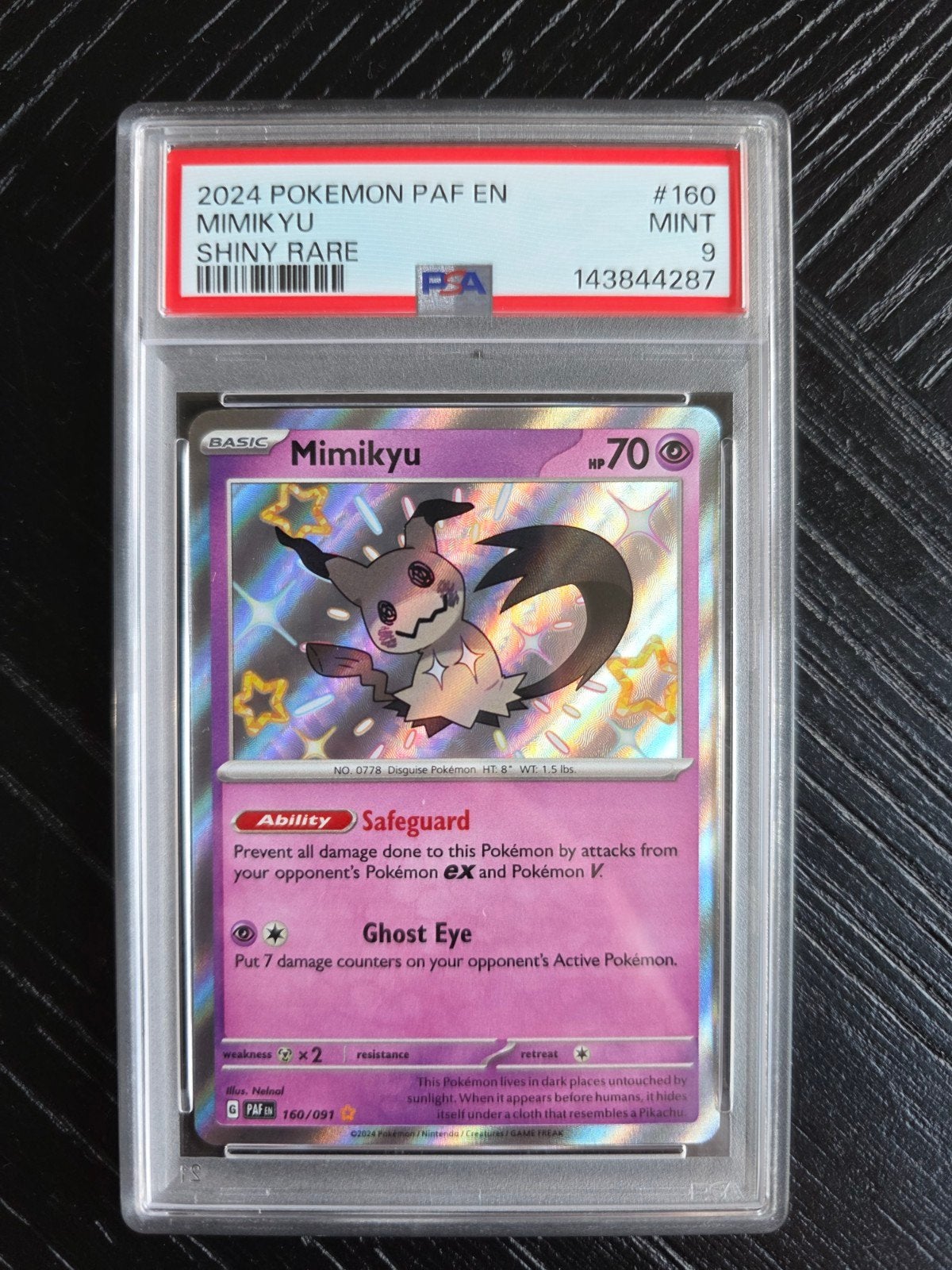 Pokémon Mimikyu Paldean Fates 160/091 PSA 9, Ophalen of Verzenden, Nieuw, Losse kaart, Foil