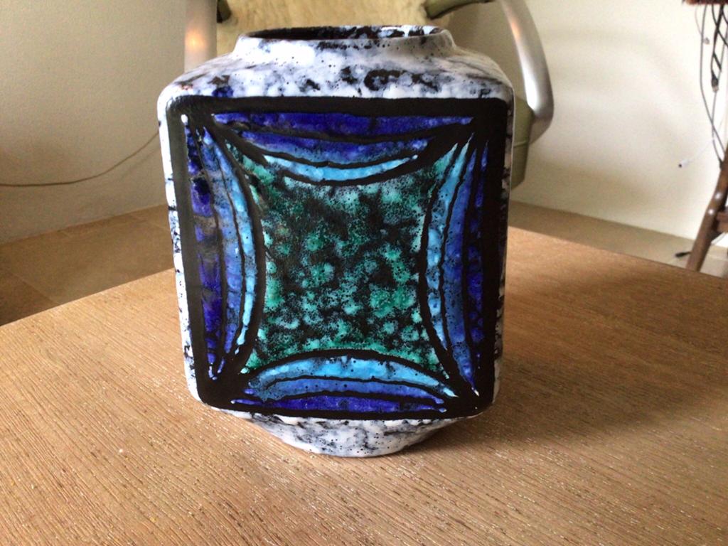 Vintage West Germany vaas, blauw, groen, fatlava, Ophalen of Verzenden