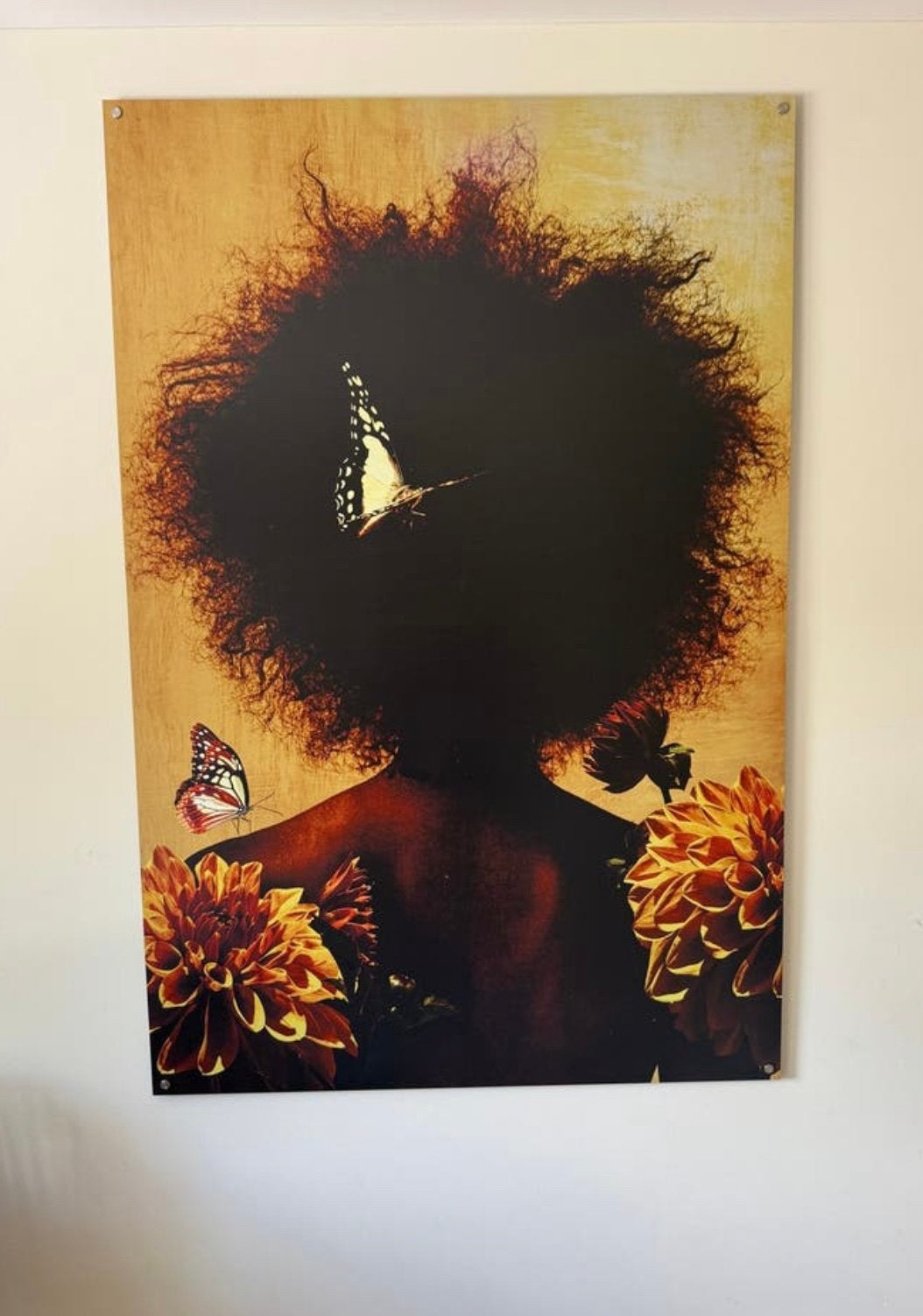 Schilderij Afrikaanse Vrouw Vlinders & Bloemen – 100x150 cm, Ophalen of Verzenden