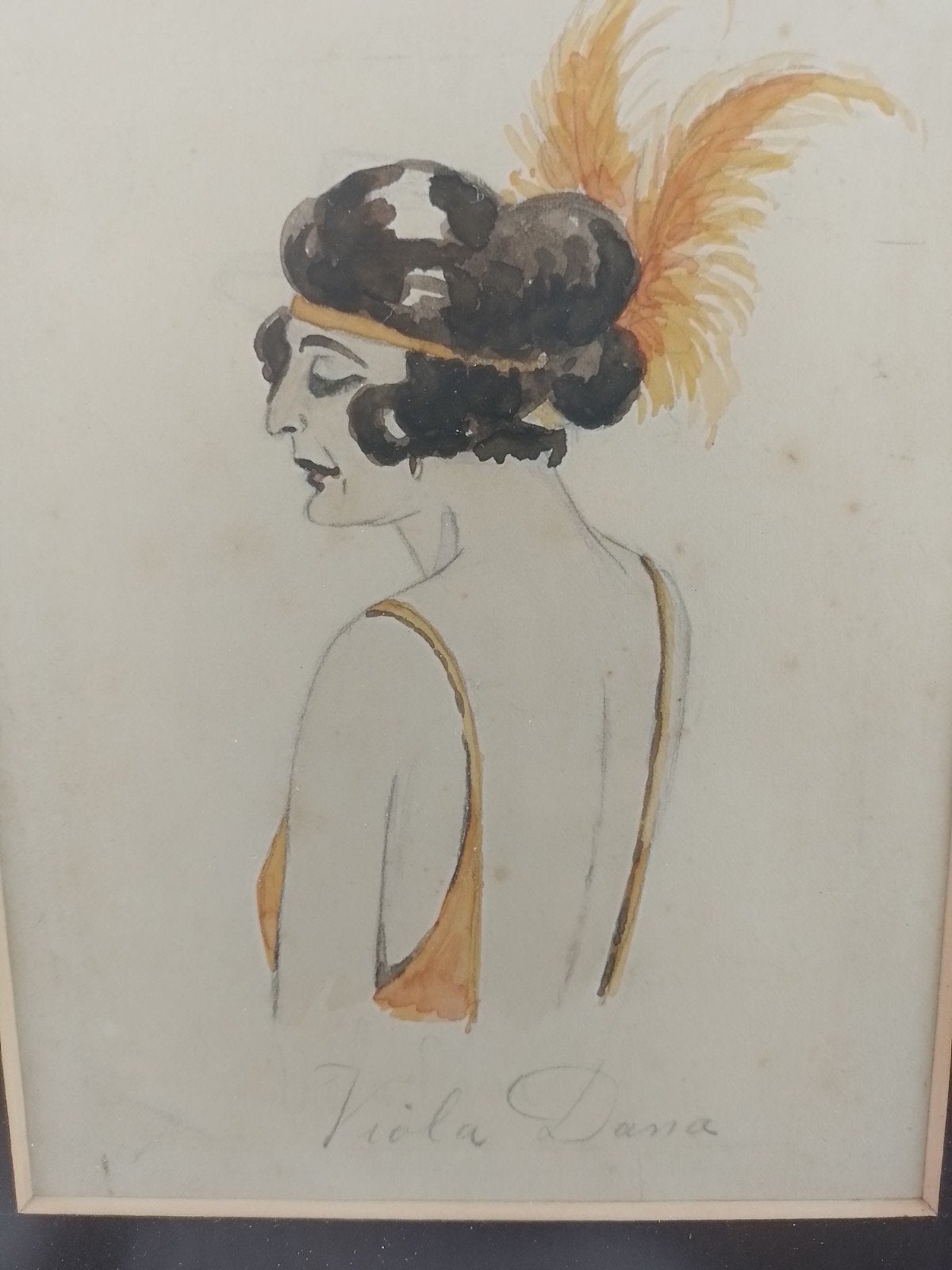 Vintage aquarel van Viola Dana, ingelijst, Ophalen of Verzenden, Tekening, Aquarel, Ingelijst