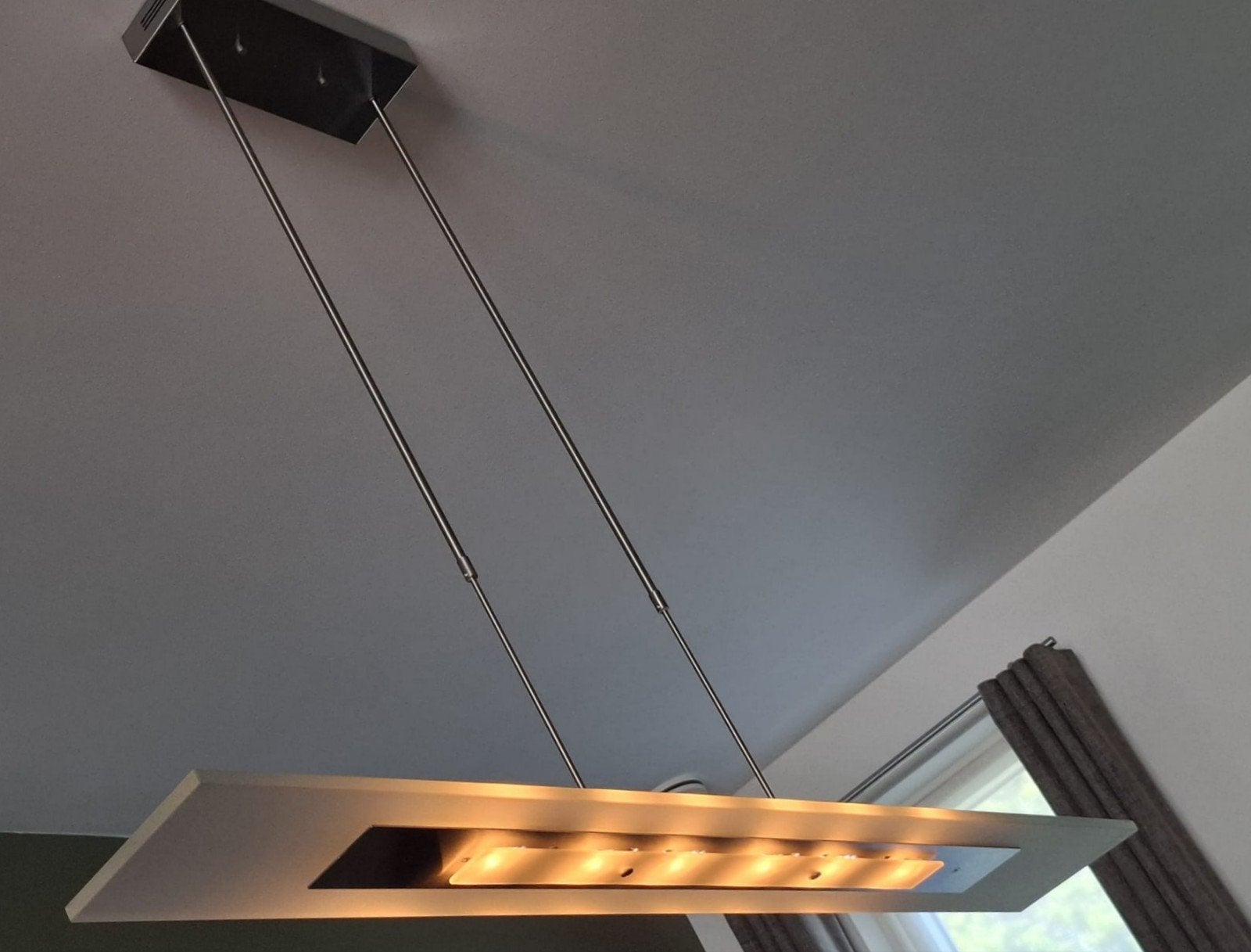 Halogeen hanglamp, glas & rvs 6 lampjes , dimbaar,, Huis en Inrichting, Lampen | Hanglampen, Strak, Gebruikt, Overige fittingen