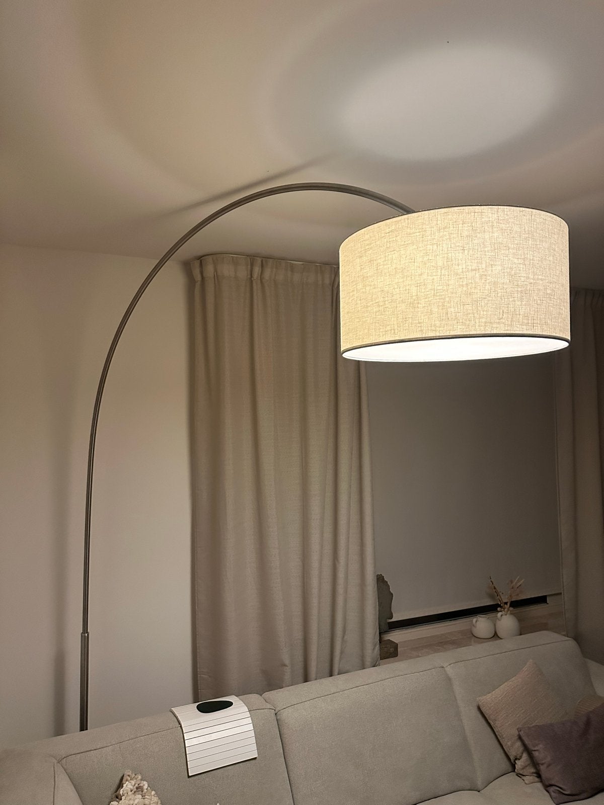 Moderne booglamp met stoffen kap - dimbaar, Ophalen, Gebruikt, E27 (groot), Metaal