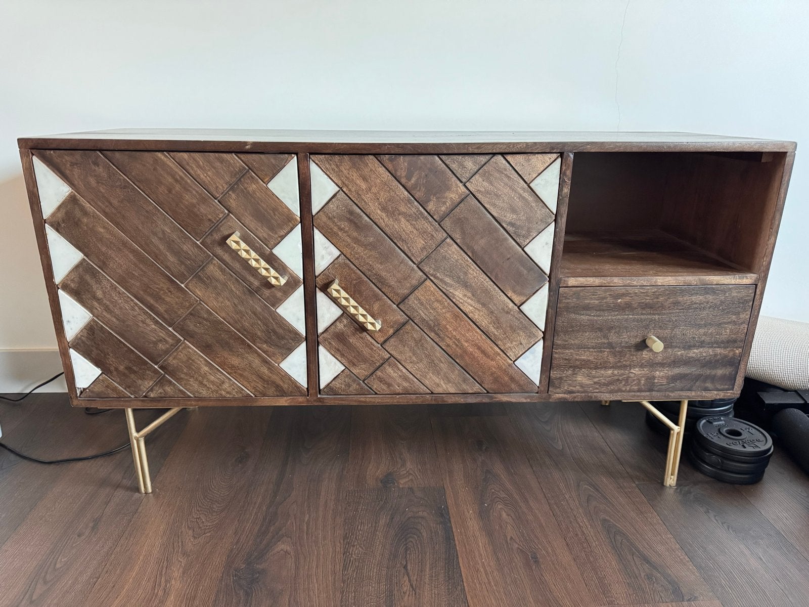 Uniek dressoir/tv-meubel met marmeren details en goudkleurig, Huis en Inrichting, Ophalen, Gebruikt, 100 tot 150 cm, Met lade(s)