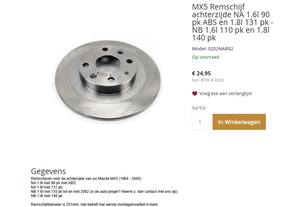Nieuwe set achter remschijven met remblokken Mazda MX-5, Ophalen, Nieuw, Mazda