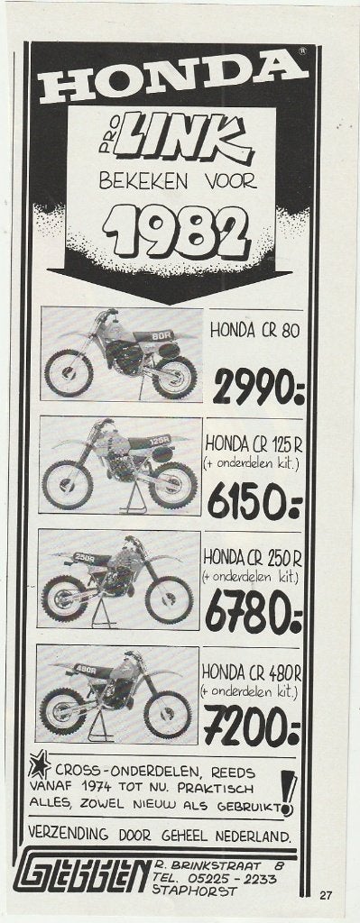 retro reclame 1982 Gebben Staphorst de crossmotor honda, Verzenden, Overige typen