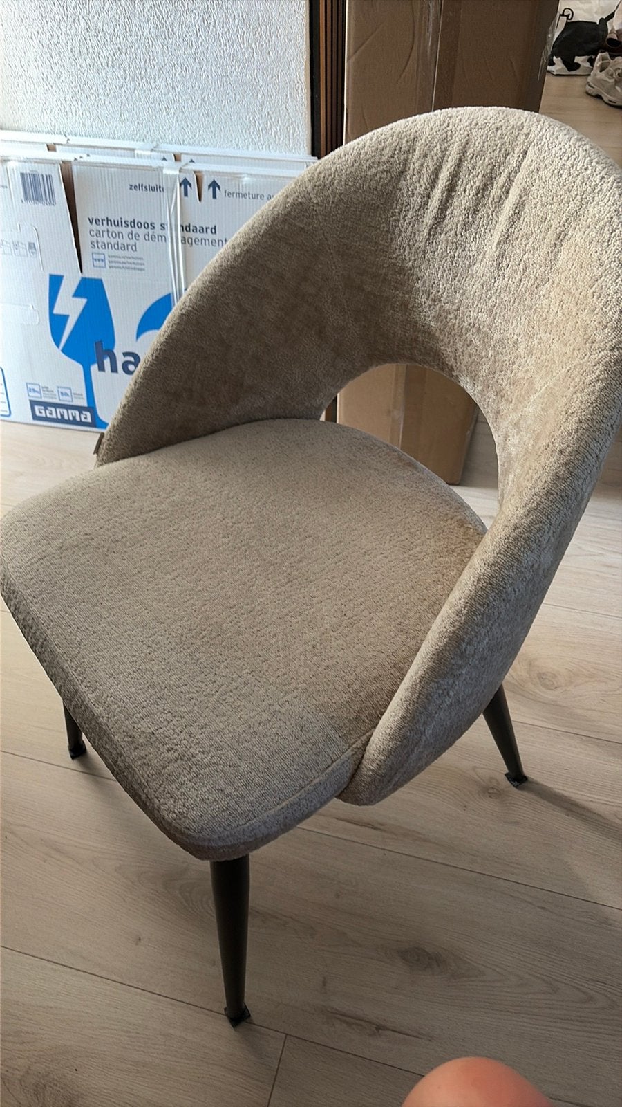 4 eetkamer stoelen beige / taupe stof, Ophalen, 75 tot 100 cm, Zo goed als nieuw, Stof